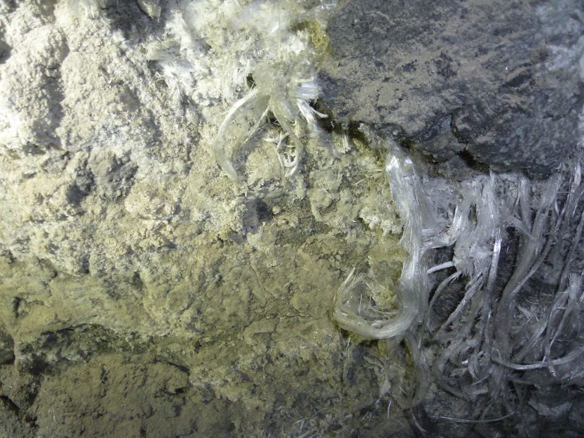 Underground cave formation showing epsomite cave cotton mineral deposits
