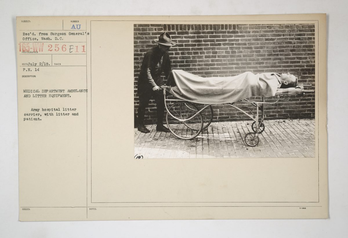 Historical medical department ambulance and litter evacuation equipment